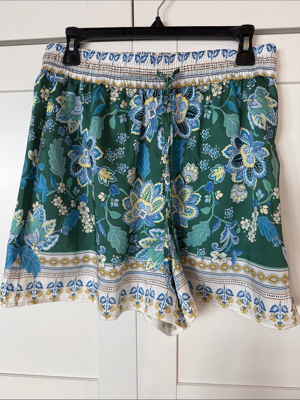 Maeve Green Floral Border-Trim  Shorts with Blue Accents